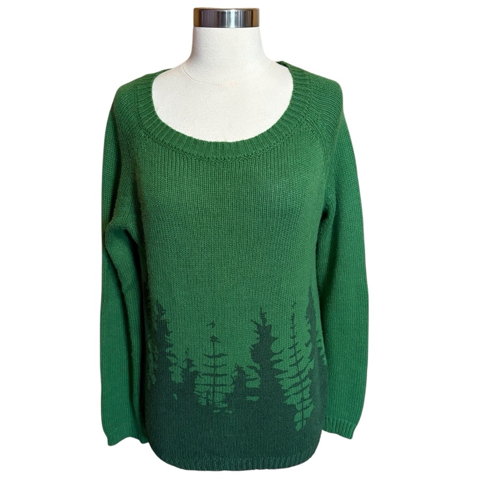 Green Knit Treeline Scoop Neck Long Sleeve Comfy Pullover Soft Graphic Sweater M